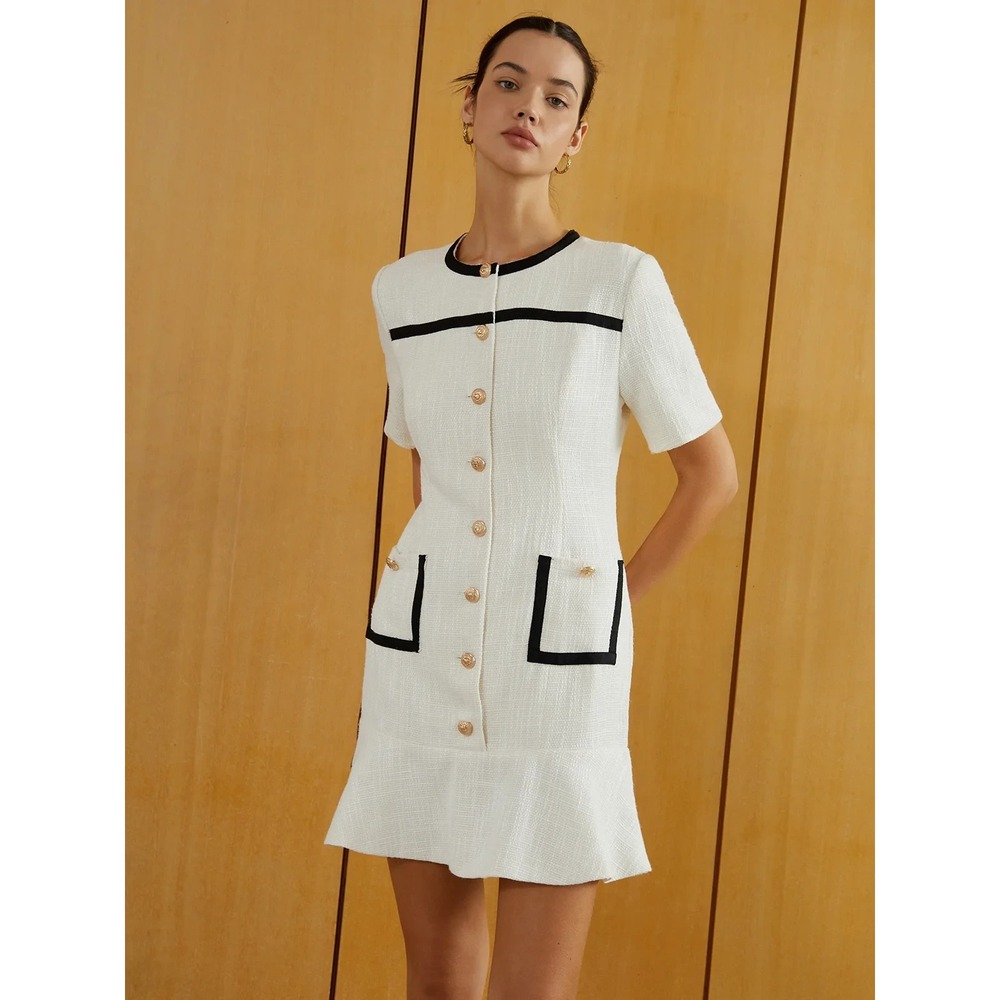 COMMENSE Contrast Binding Button Tweed Mini Dress Womens Size XS NEW White Black